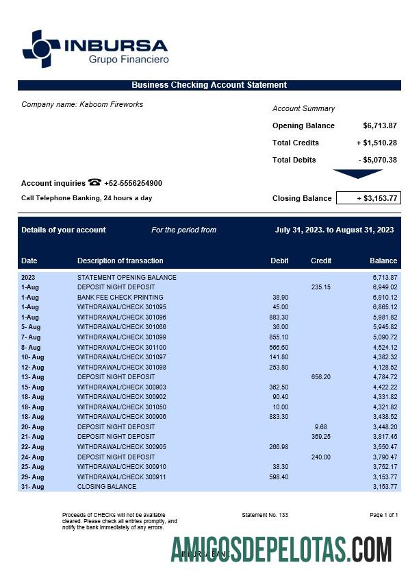 Imprimível Inbursa empresa bancária extrato de conta corrente modelo Word e PDF